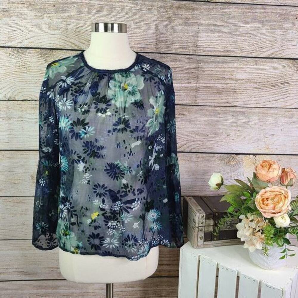 5/$25‎ LOFT Women’s Sheer Garden Navy Blue Floral Blouse Size Extra Small